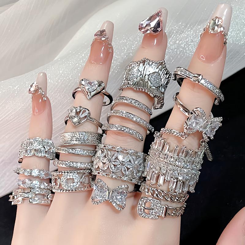 Premium Sense Row Diamond Petal Opening Ring Full Diamond Shiny Exquisite Zircon Light Luxury Personality Ring Woman