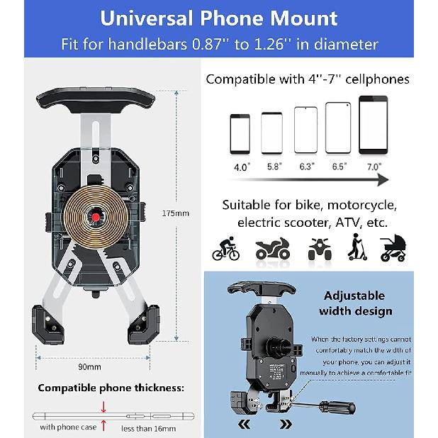 KEWIG Motorcycle Phone Mount Qi 15W Wireless & USB C 20W Fast Chargeing Port, Automatically Lock & Quick Release Handlebar Cell Phone Holder For