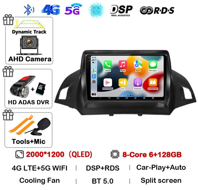 Radio multimedia con Android 14 y Carplay para Ford Kuga Escape 2013, 2014, 2015 y 2016, reproductor de vídeo, GPS, estéreo, 4G, WIFI, unidad principal