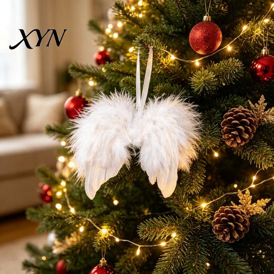 Holiday Party Props 10Pcs White Feather Angel Wings Ornament for Christmas Tree Decoration, Soft Fluffy Baby Photography Accessories Hanging
