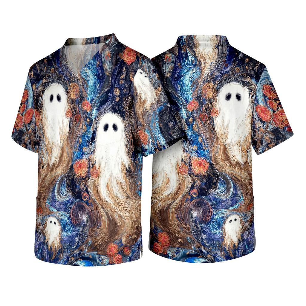 Men's V Neck Short Sleeve Halloween Print Pocket Scrub Top Lightweight Breathable Medical Uniform Shirt for Healthcare Professionals