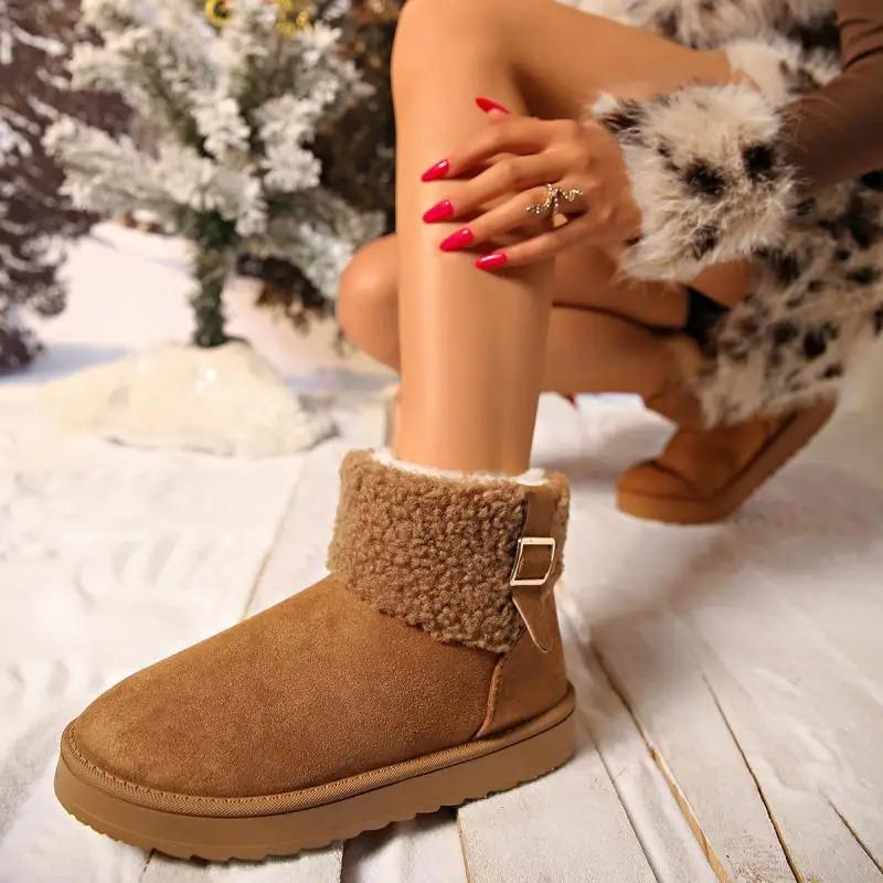 Fashion Faux Fur Non Slip Snow Boots Women 2025 Winter Round Toe Thick Bottom Ankle Boots Brown Warm Short Plush Cotton Booties