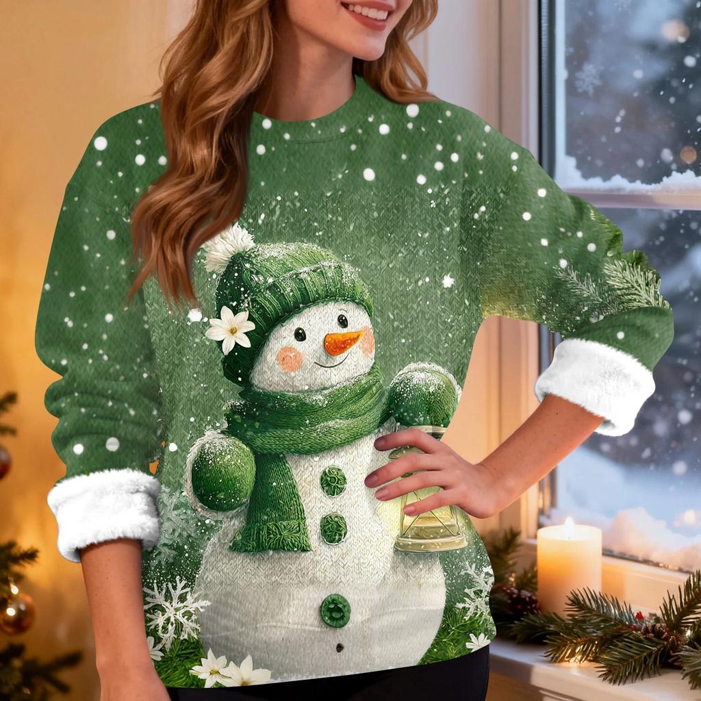 Women's Fashion Casual Long Sleeve Christmas Printed Round Neck Top Sweatshirt