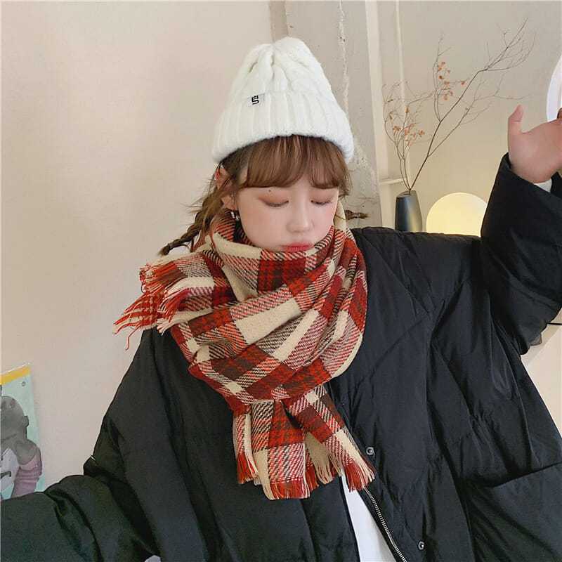 Classic British retro red plaid imitation cashmere scarf women's autumn and winter Korean version versatile double-sided thousand bird grid scarf