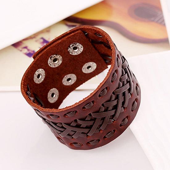 Men's Women's Punk Braid Faux Leather Wide Cuff Bracelet Button Wristband Bangle