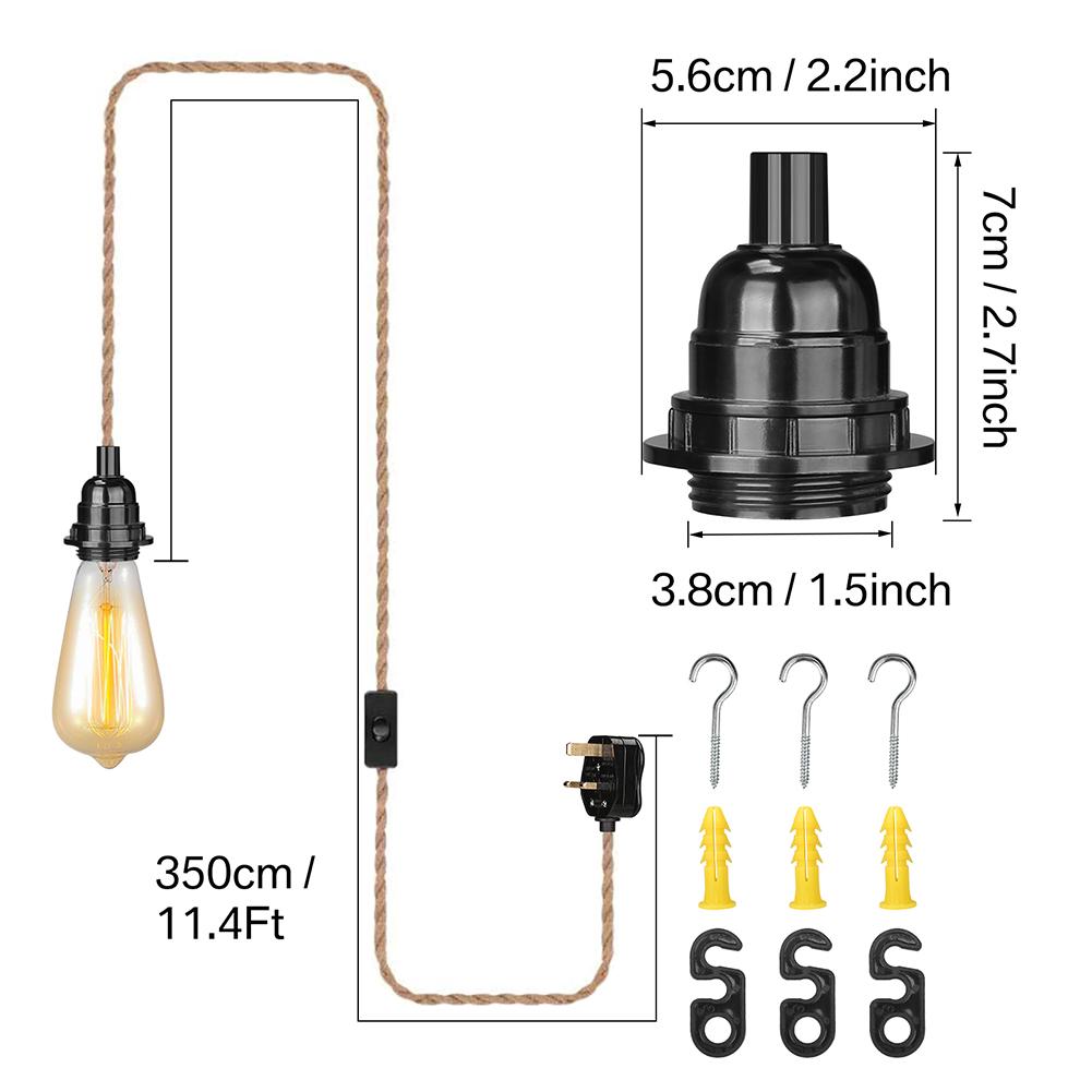 4.5/3.5M Pendant Lights Ceiling Lighting Fitting E27 Lamp Bases Suspended Kit with Plug In Cord Hemp Rope Rustic Hanging Lamps