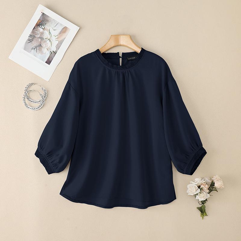 ZANZEA Damen Freizeit Rundhals Einfarbig 3/4 Ärmel Bluse