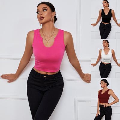 Women Summer Casual Solid Color V Neck Bare Midriff Vest Crop Top