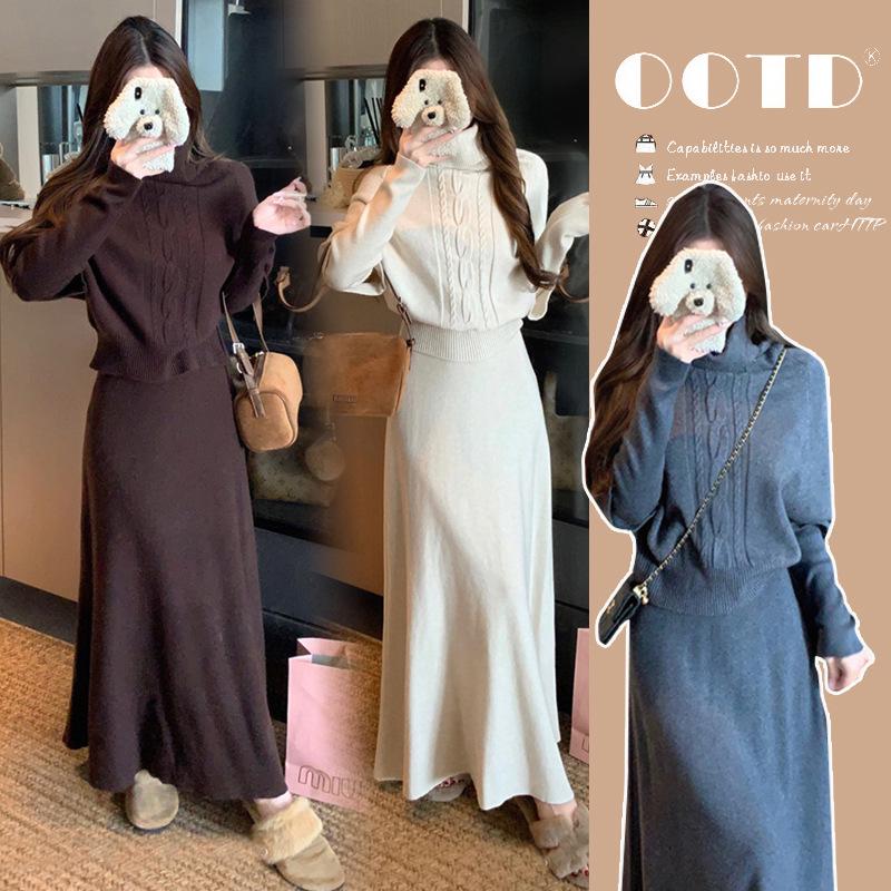 

2025 Maternity Set: High Neck Cape Top & Long Skirt for Autumn/Winter L