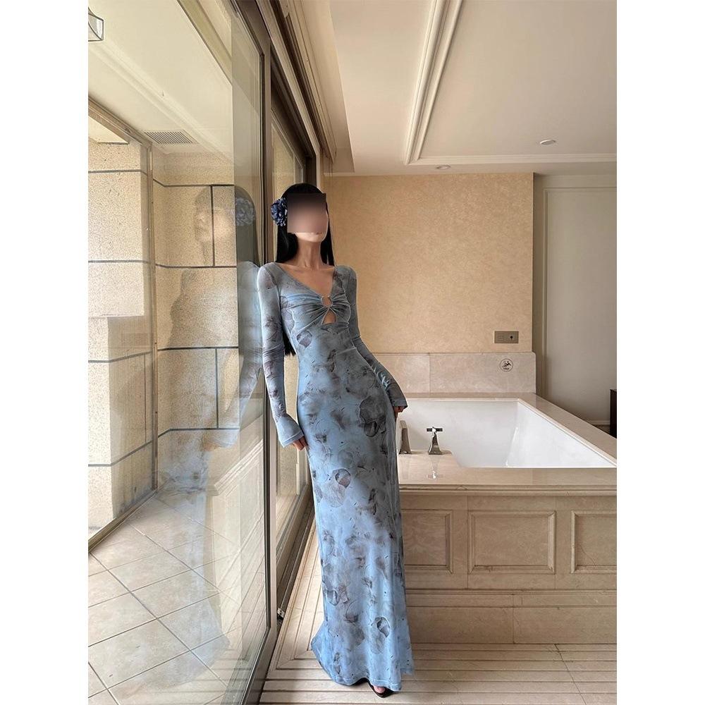 

Дизайн летнего А-силуэта длинного платья, синее платье с принтом и V-образным вырезом, женская весенне-осенняя новинка с многослойностью на талии XL