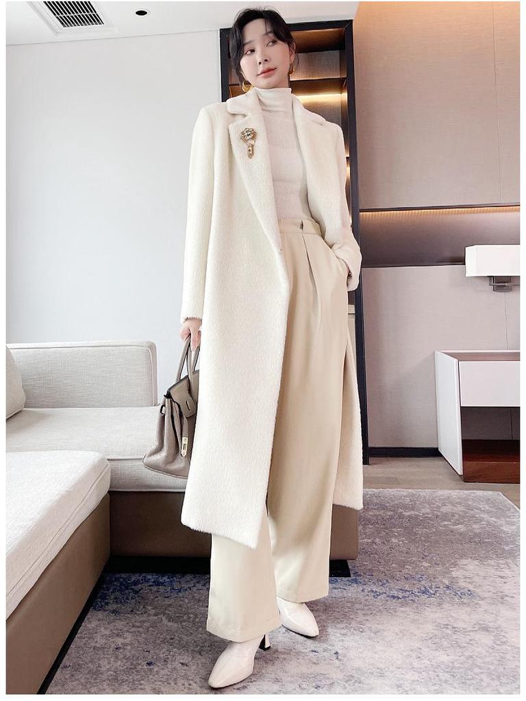Women’s Versatile Mid-Length White Suri Alpaca Cashmere Wool Coat for Winter 2024