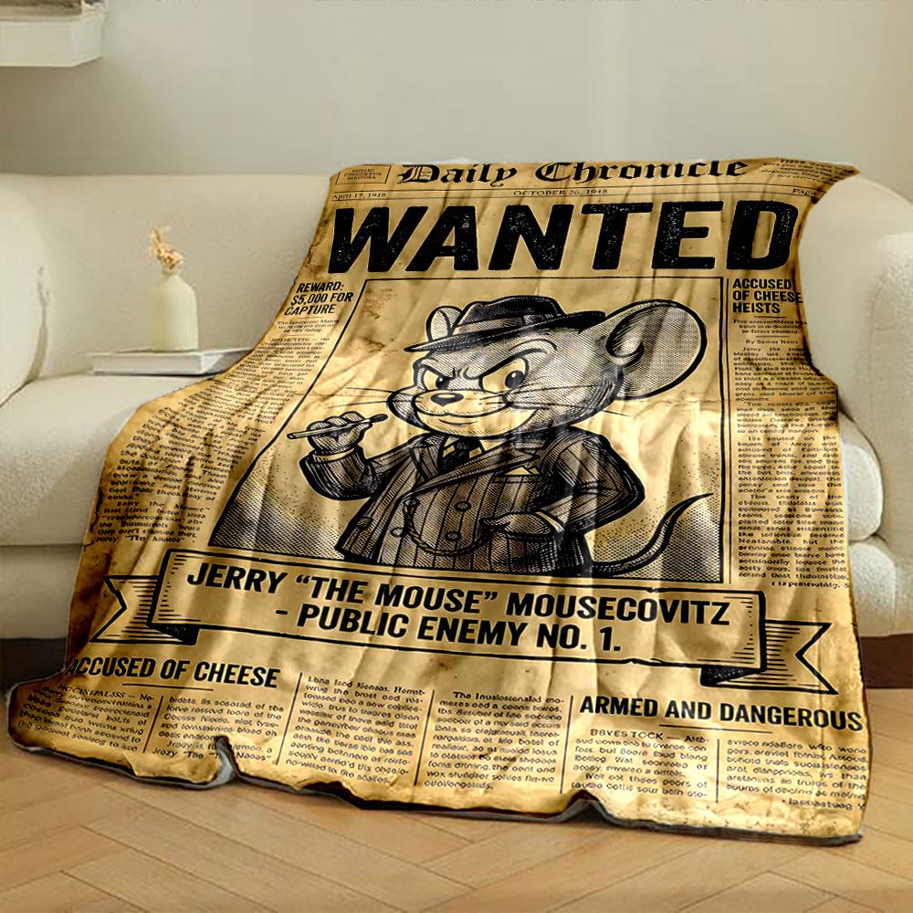 A "WANTED" poster featuring a cartoon mouse in a suit and hat. for all seasons blanket lunch break throw gift