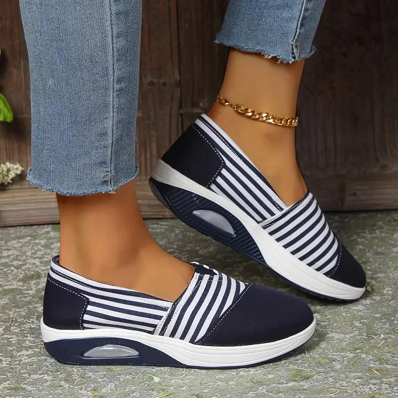 Women's Striped Canvas Slip-On Sneakers with Air-Cushioned Sole