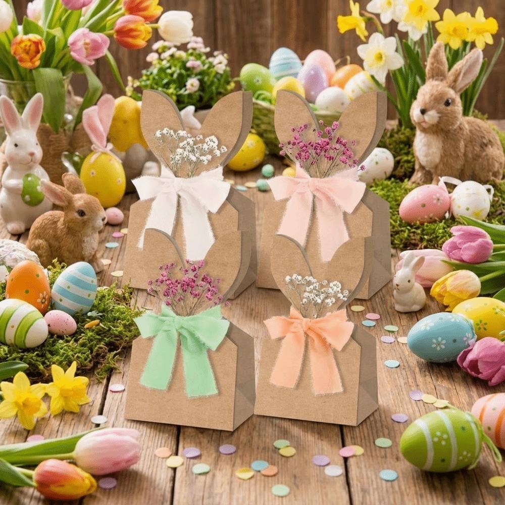 12/24 pcs Cowhide Paper Easter Gift Bags Rabbit Ears Artificial Flowers Party Favor Bags Neutral Bow Ribbon Rustic Paper