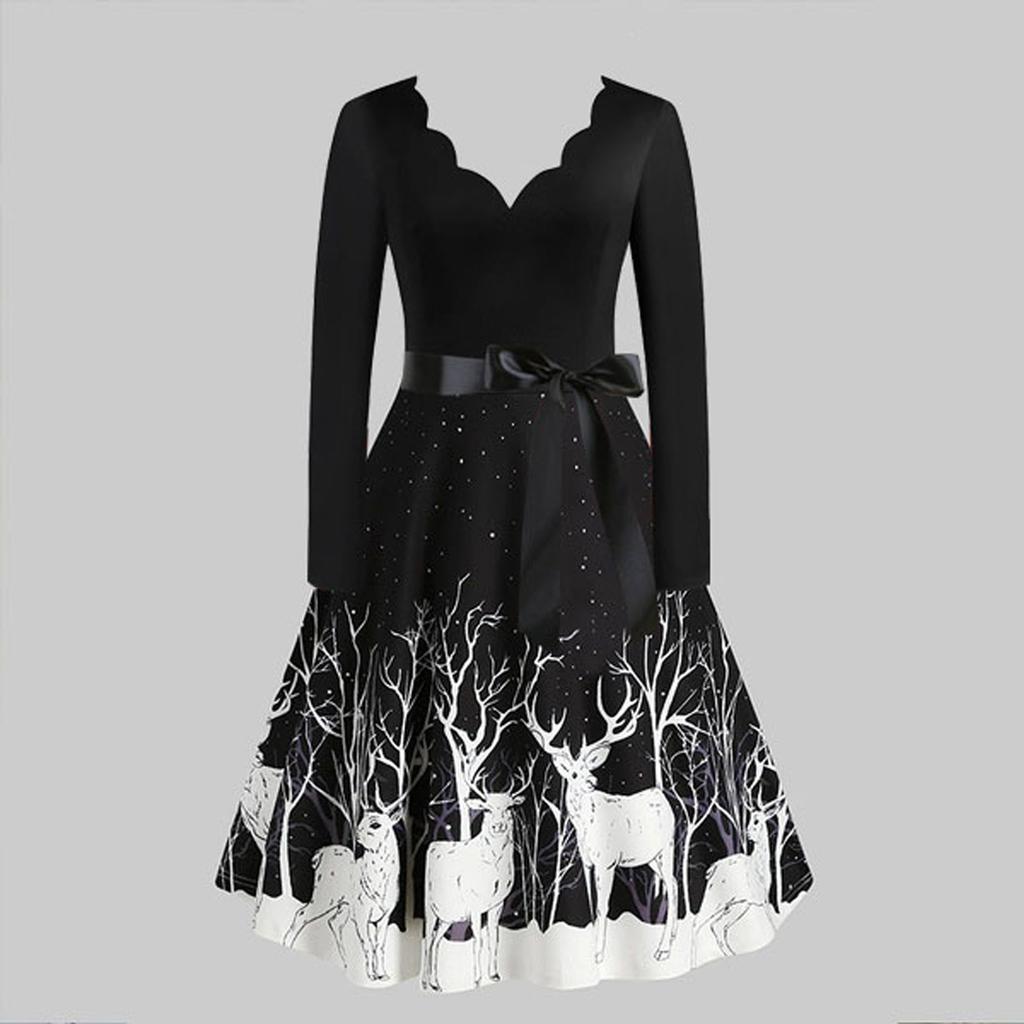 Christmas Print Sequin Patchwork Long Sleeve Dress Deer Skater Party Dresses