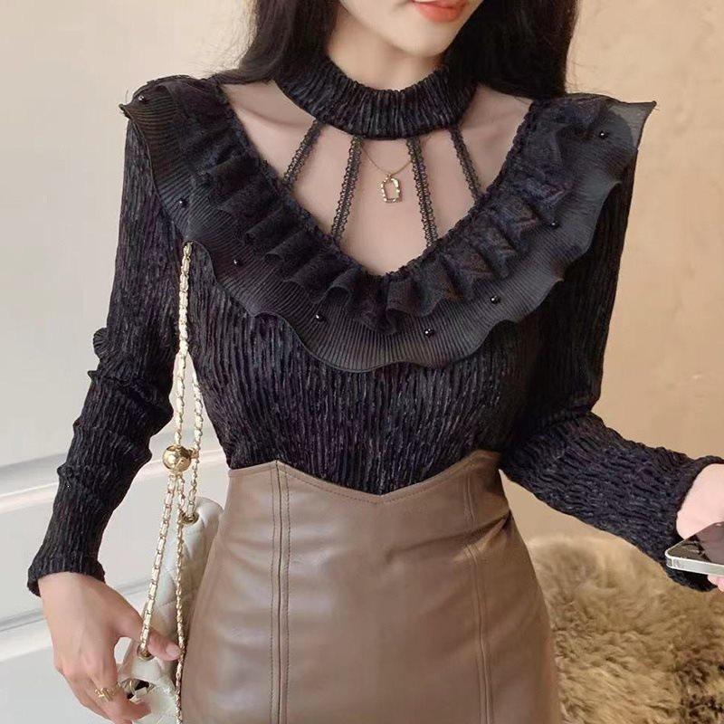 Womens Lacetrim Mock Neck Top With Embellishments For Office Wear