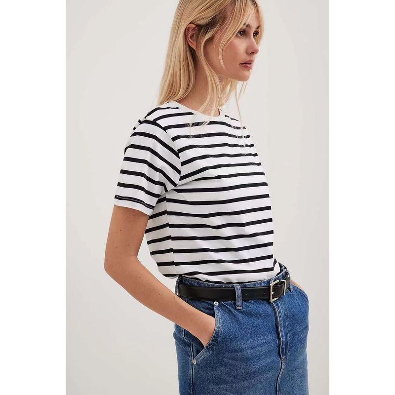 

European and American Fashion Casual Top round Neck Short sleeve Stripe T-shirt Short Sleeve Striped T-shirt Black XL