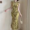Mesh Splicing Printing Temperament Is Beautiful, Improved Cheongsam Dress, Women's Chinese Style Slim-fitting Long Hip-wrapped Fishtail Skirt