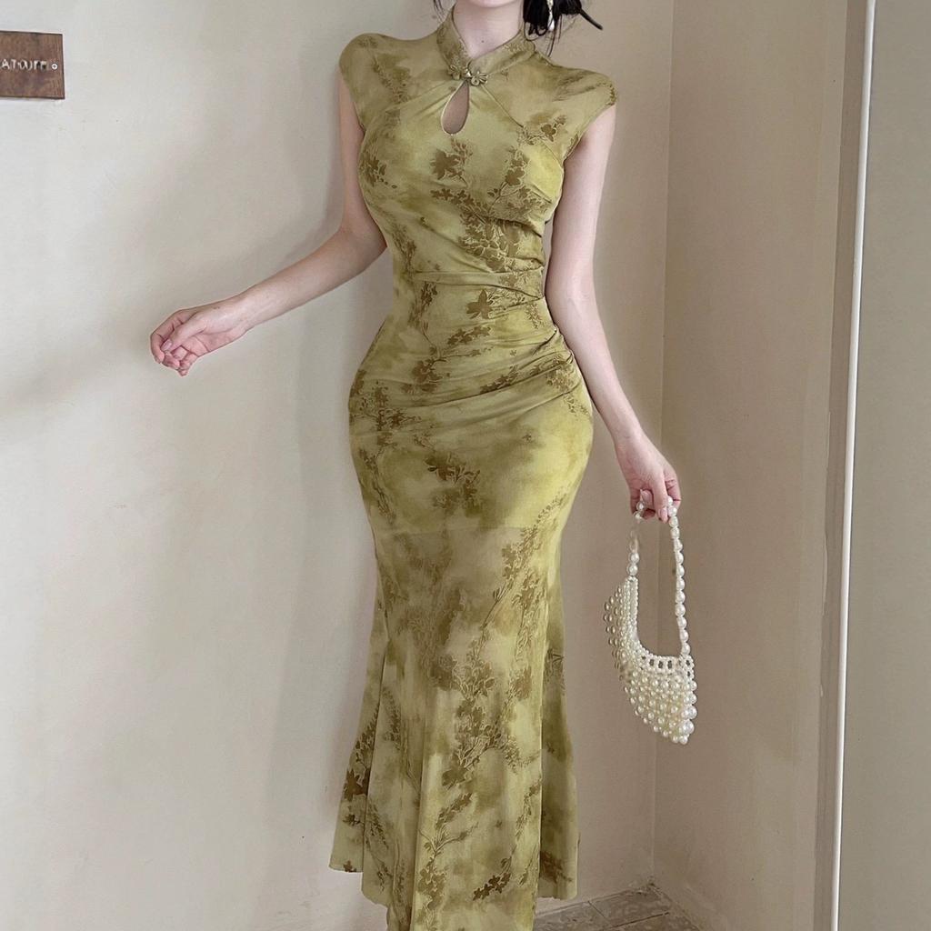 Mesh Splicing Printing Temperament Is Beautiful, Improved Cheongsam Dress, Women's Chinese Style Slim-fitting Long Hip-wrapped Fishtail Skirt