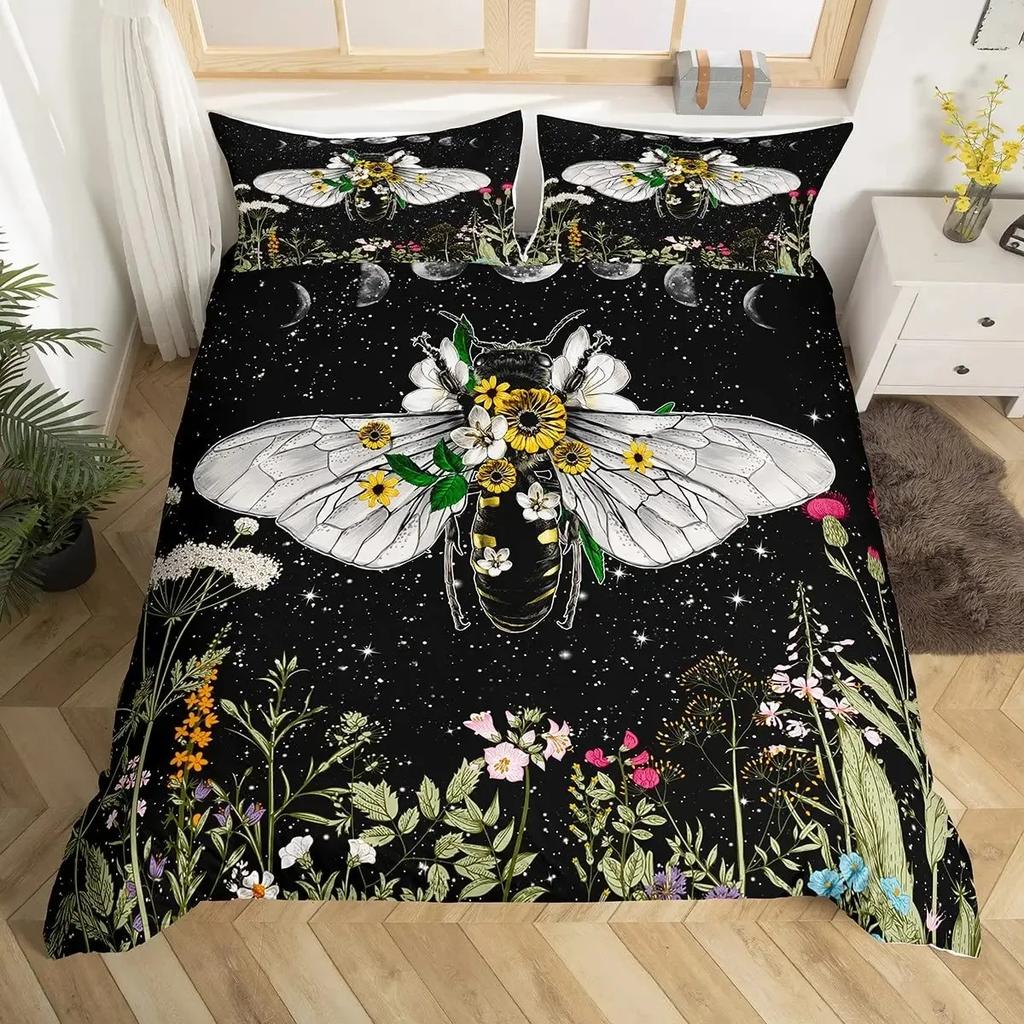 Bee And Butterfly Duvet Cover Set,Spring Floral Bedding Sets For Boys Girls,Colorful Flowers Country Style Comforter Cover Queen