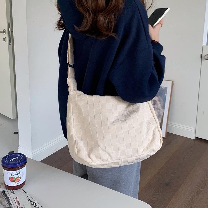 Fashionable All-Match Plaid Large Capacity Leisure Forest Style Shopping Bag Plaid Shoulder Messenger Bag