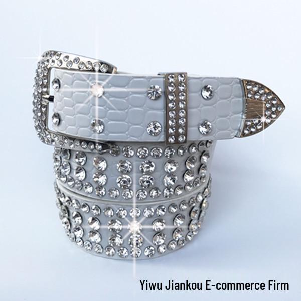 Women's Korean Style PU Leather Belt with Full Rhinestone Design
