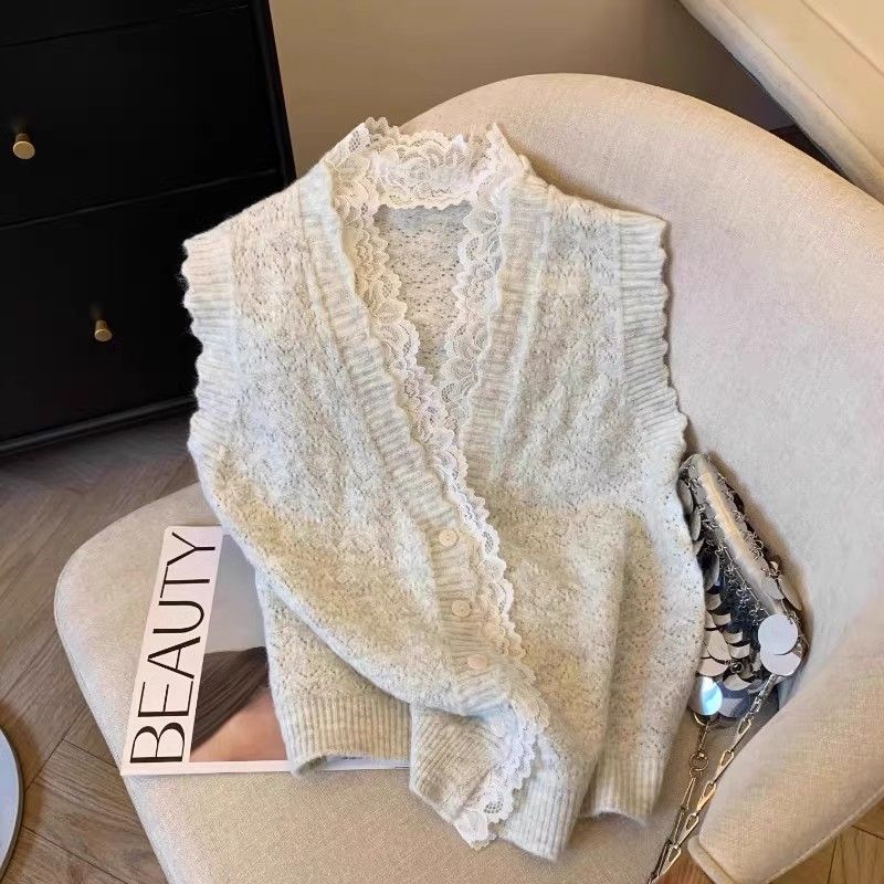 Krajková vsadka Patchworková svetrová vesta Jaro Podzim Kardigan Pletená vesta Bez rukávů Vesta Kabát Top Krátký styl