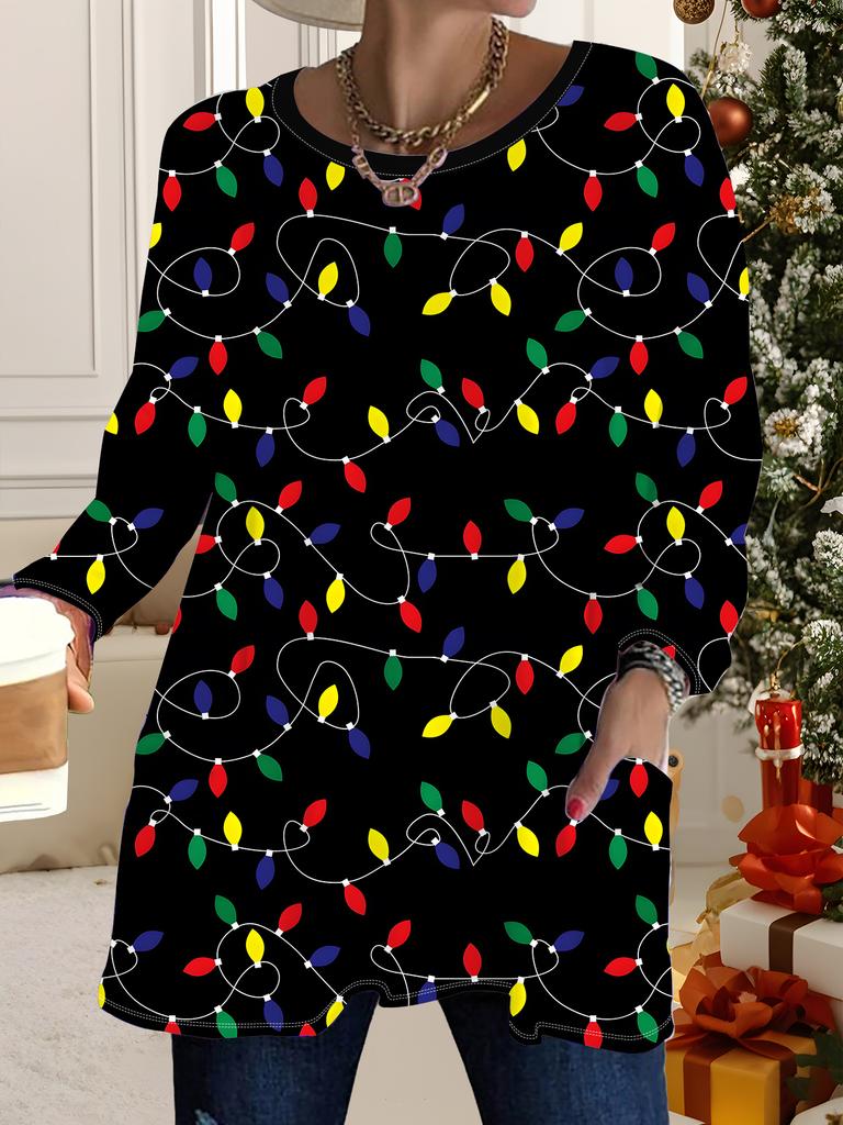 Nuovi Top da Donna Taglie Forti Autunno Inverno 2025, T-shirt Fashion a Manica Lunga Girocollo con Stampa 3D Natalizia