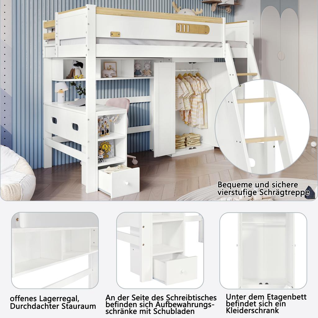 Bunk Bed, with Fall Protection Rail, with Table and Wardrobe, Ample Storage Space, with Four-Step Ladder, Pine+MDF+Plywood, White+Natural, 90x200cm