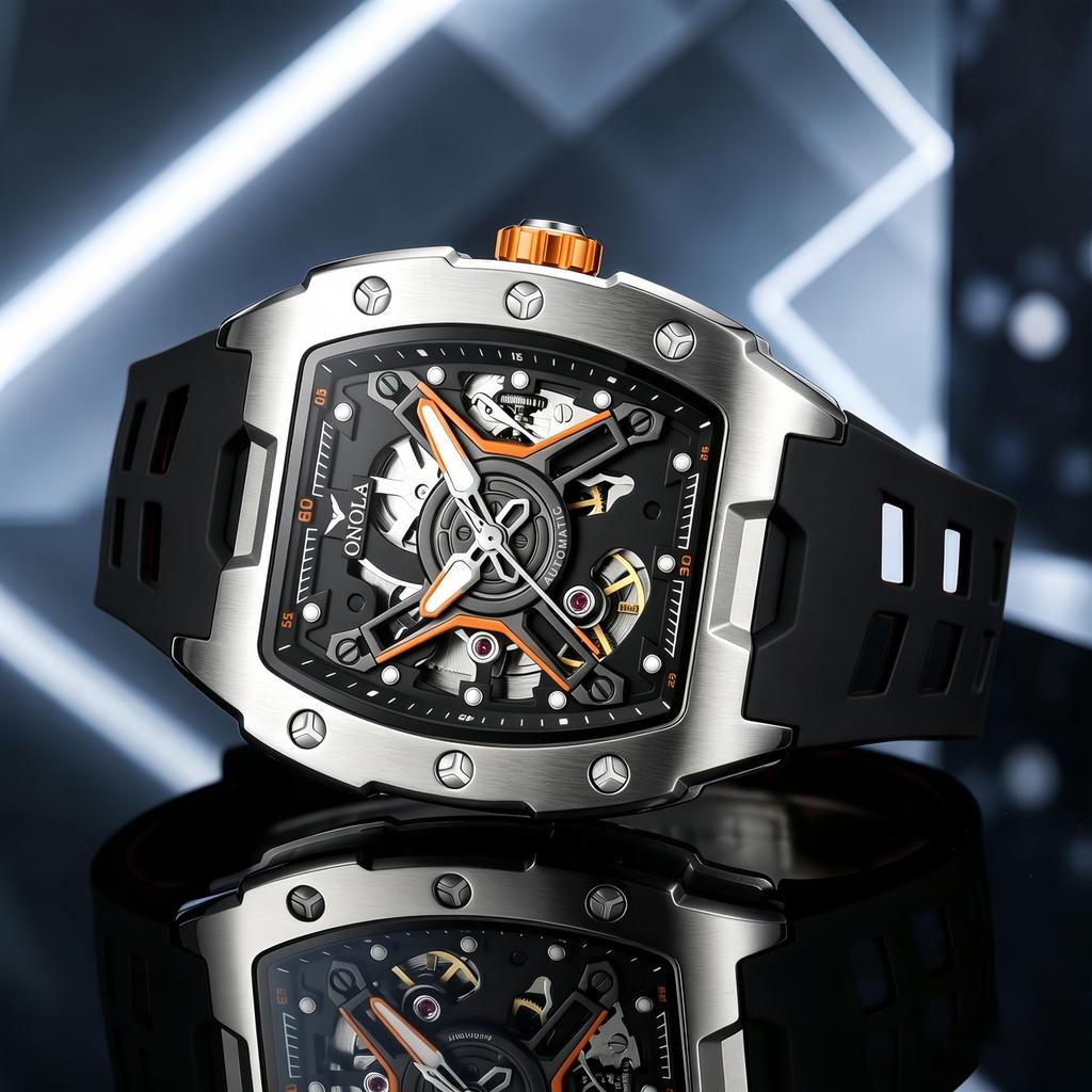 ONOLA Automatic Watch NEW 3870 Fashion Hollowed Out Tonneau Men Watch Silicone Strap Waterproof Mechanical Watch for Men Reloj