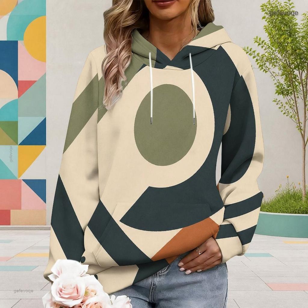 Women Plus Size Long Sleeve Geometric Printed Blue White Hoodie Pullover With Kangaroo Pocket