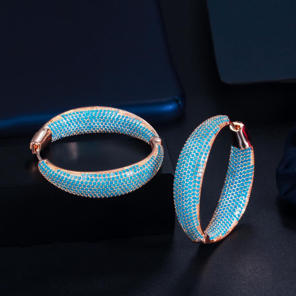 Luxury Turkish Light Blue Cubic Zirconia Large Loop Hoop Earring for Women Fashion Statement Light Gold Plated Jewelry