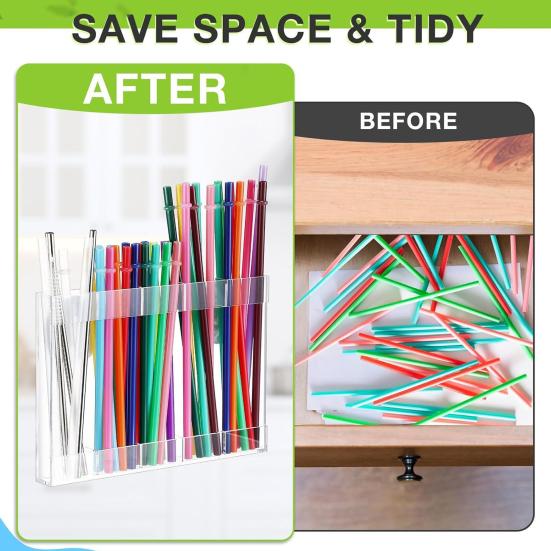 Acrylic Straw Holder with Double Sided Adhesive Tapes Transparent Reusable Tumbler Straw Organizer Storage Container