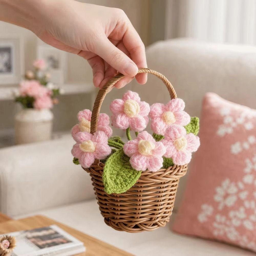 Small Crochet Flower Pot Handmade Puff Flower Potted Ornament  Office Desktop Decoration