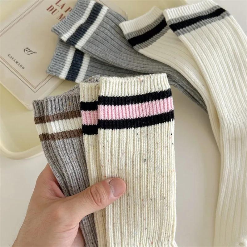 New Socks Women Autumn and Winter Cotton Knitted Elastic Long Socks Japanese Fashion Striped Harajuku Retro Streetwear Crew Sock