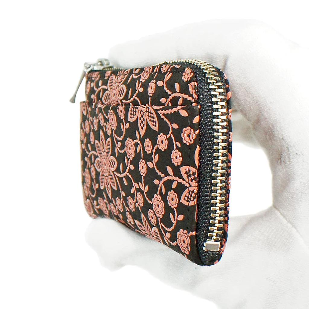 Indenya Inden Coin Purse, F Coin Purse 05, Deerskin, Black with Pink Lacquer, Clematis Pattern, 1005-51-169