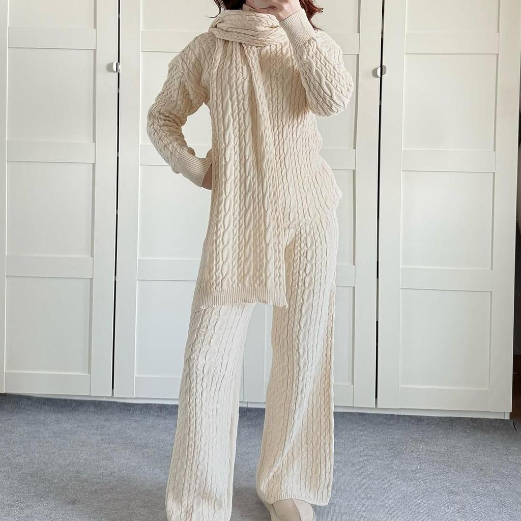 2025 Autumn/Winter High Neck Cozy Scarf-Top Sweater and Long Pants Set