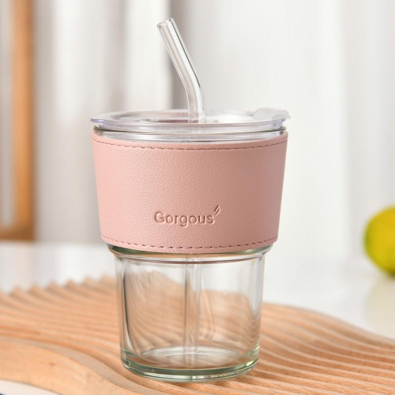 450ml Coffee Glasses Heat Resistant Leather Cover Glass Mug Water Cup Tea Wine Drinkware Glasses Tumbler With Lids Straw