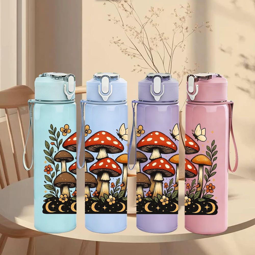1PC Wild Mushroom Forest Scene Print 750ml Color Plastic Sports Water Bottle Leakproof Flip Straw Lid For Sports Office Home Use
