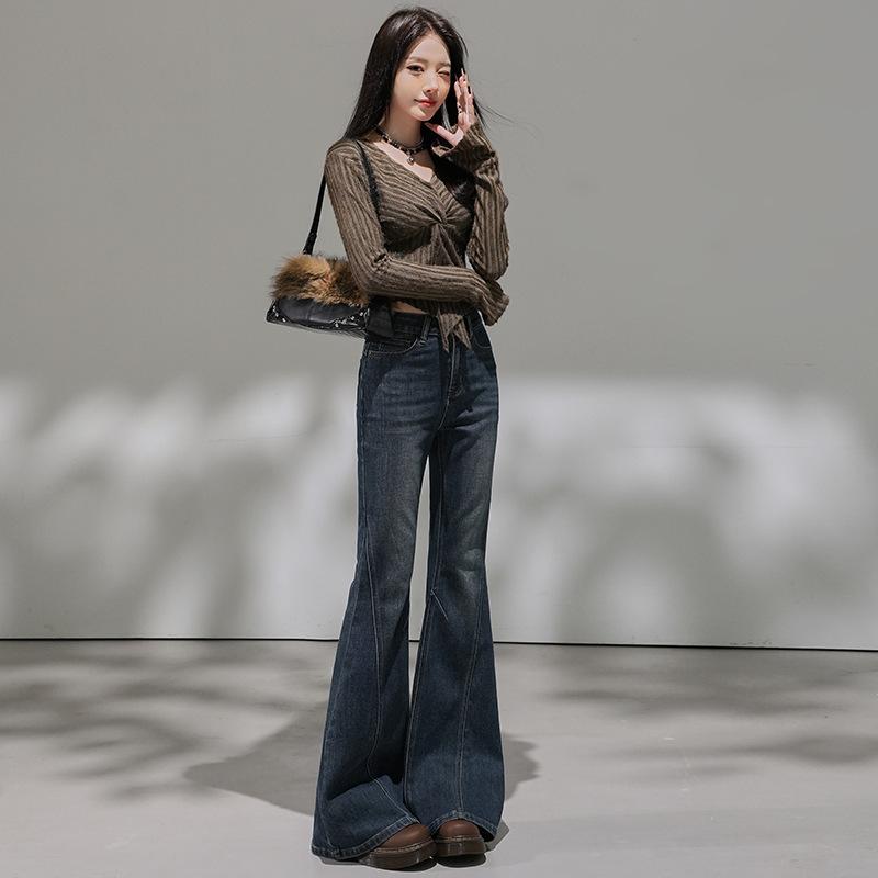 Retro blue denim micro-pull pants women's autumn new splicing elastic flared pants nine points/trousers