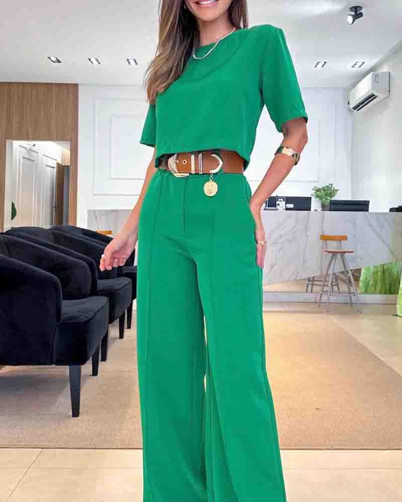 Summer Chic Solid Color Short-Sleeve Suit & Pants Set