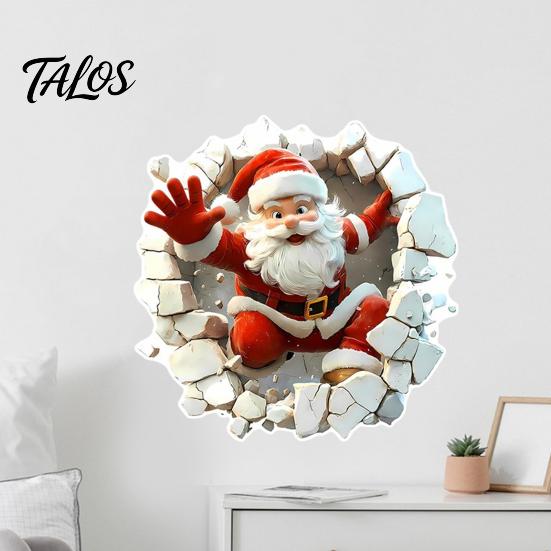 3D Visual Effect Wall Art Santa Sticker, Christmas Decal, Realistic Breaking Through The Decals for Home Decor Effect, Self-Adhesive Festive
