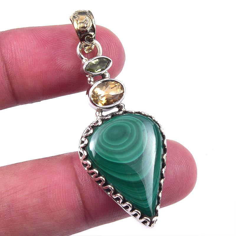 

Natural Malachite,Citrine Gemstone 925 Solid Sterling Silver Pendant 2 F3U78