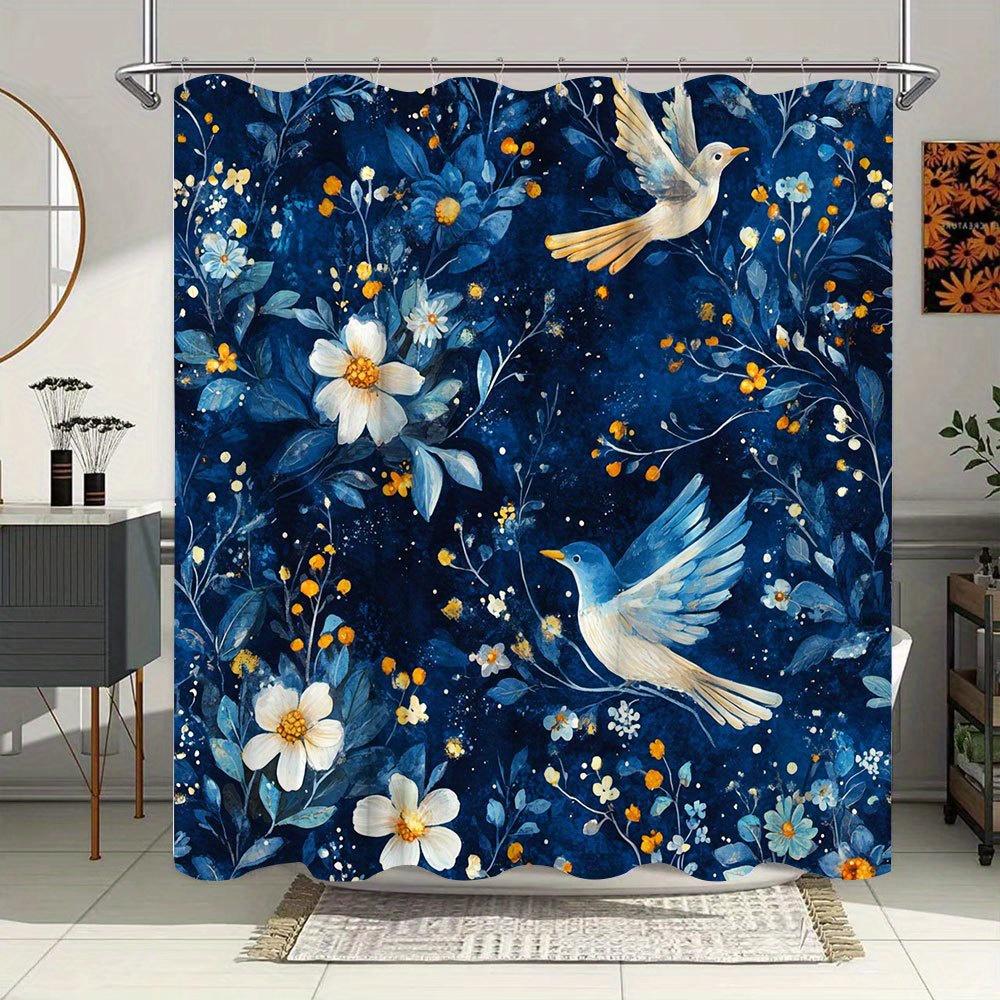 

Blue Floral Birds Waterproof Mildew-Resistant Shower Curtain - Elegant Design for a Serene Bathroom Décor Experience W90XH180cm