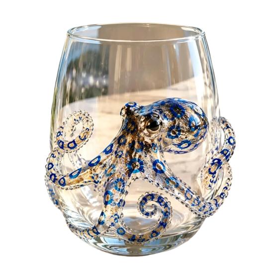 Unique Coastal Style Drinking Glass 12oz Octopus Water Cup Embossed Design Hand Painted Marine Cup for Ocean Lovers Home Bar Decor Decorative Theme