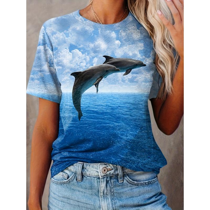 

Dolphin Print Round Neck T-shirt, Spring and Summer Casual Short-sleeved T-shirt, Women s Clothing XL