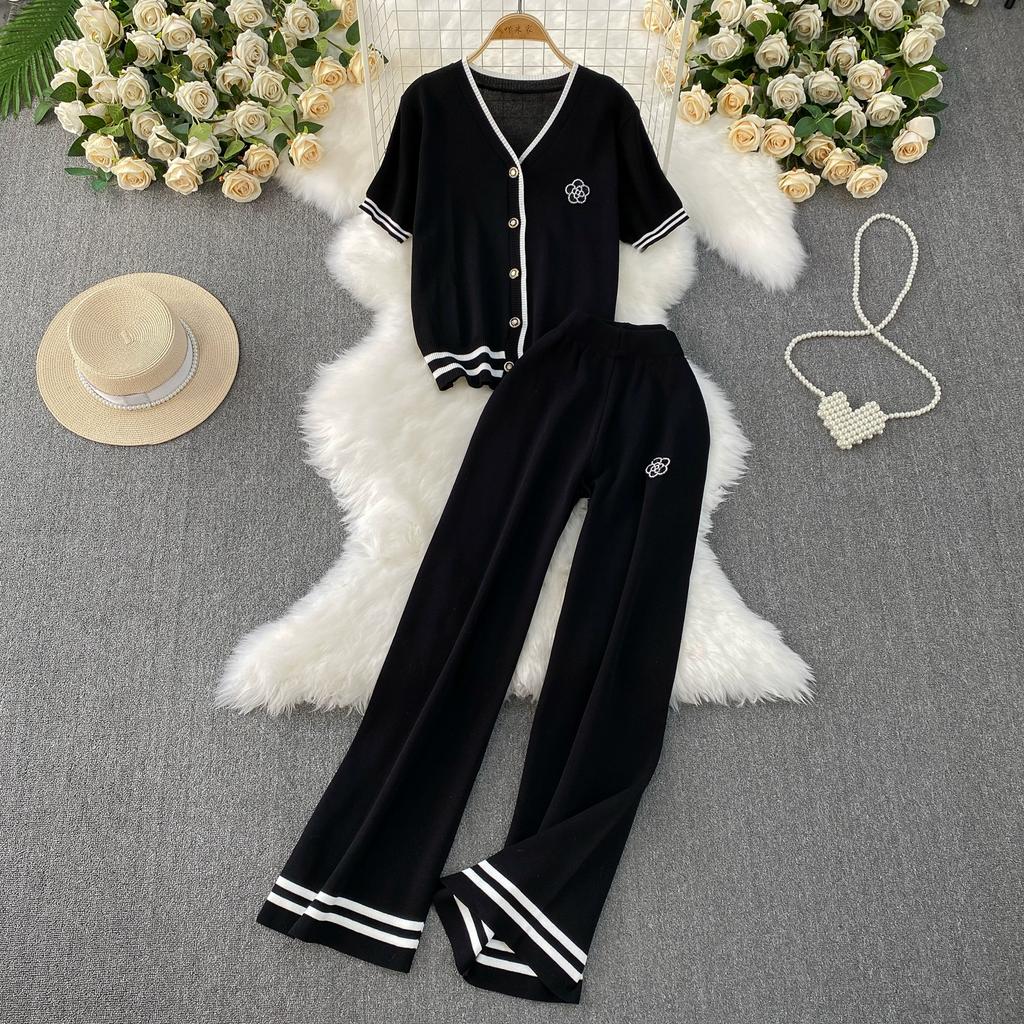 Summer Women Camellia Beading Knitted Sweater Tracksuit Short Sleeve V-neck Jacket Top and Ankle Length Pant Two Piece Set