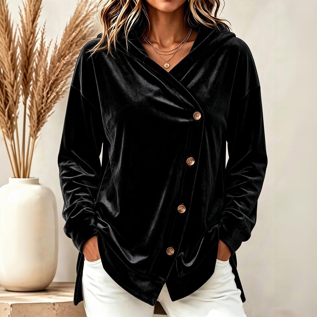 Cardigan con Cappuccio in Velluto Colorato Casual da Donna con Bottoni Asimmetrici sul Davanti Manica Lunga Cappotto Autunno Inverno