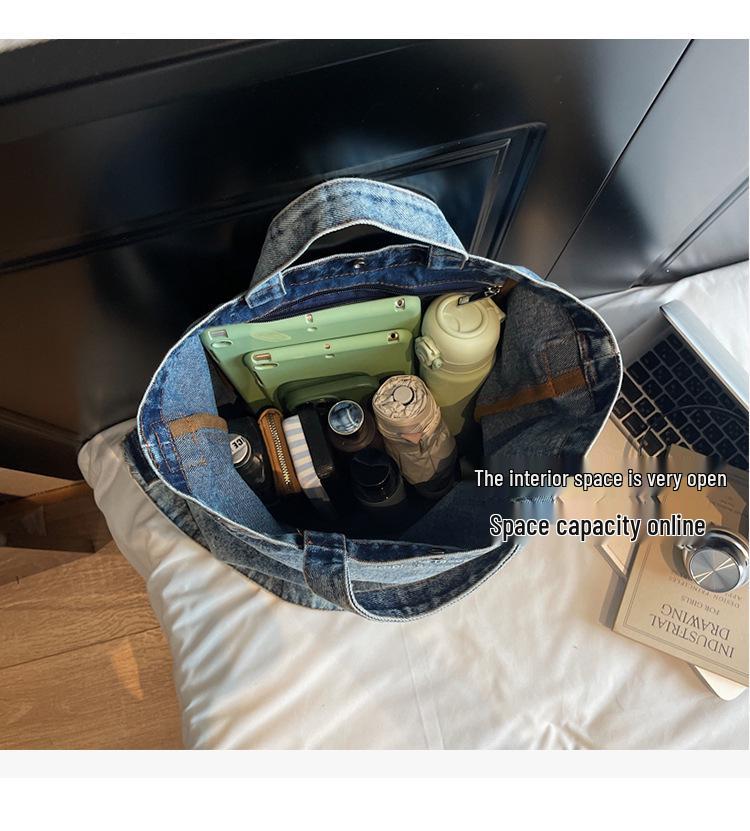 Korean Style Washed Denim Crossbody Tote – Large Capacity with Retro Letter Print (2025 Edition)