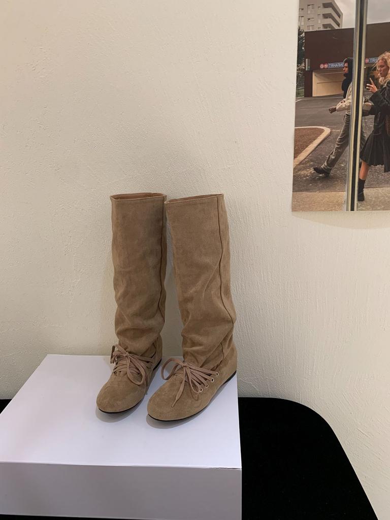 Vintage Western Pile Boots Women's 2025 Summer New Square Head Inner Height Increasing Lace-up Folded Calf Boots